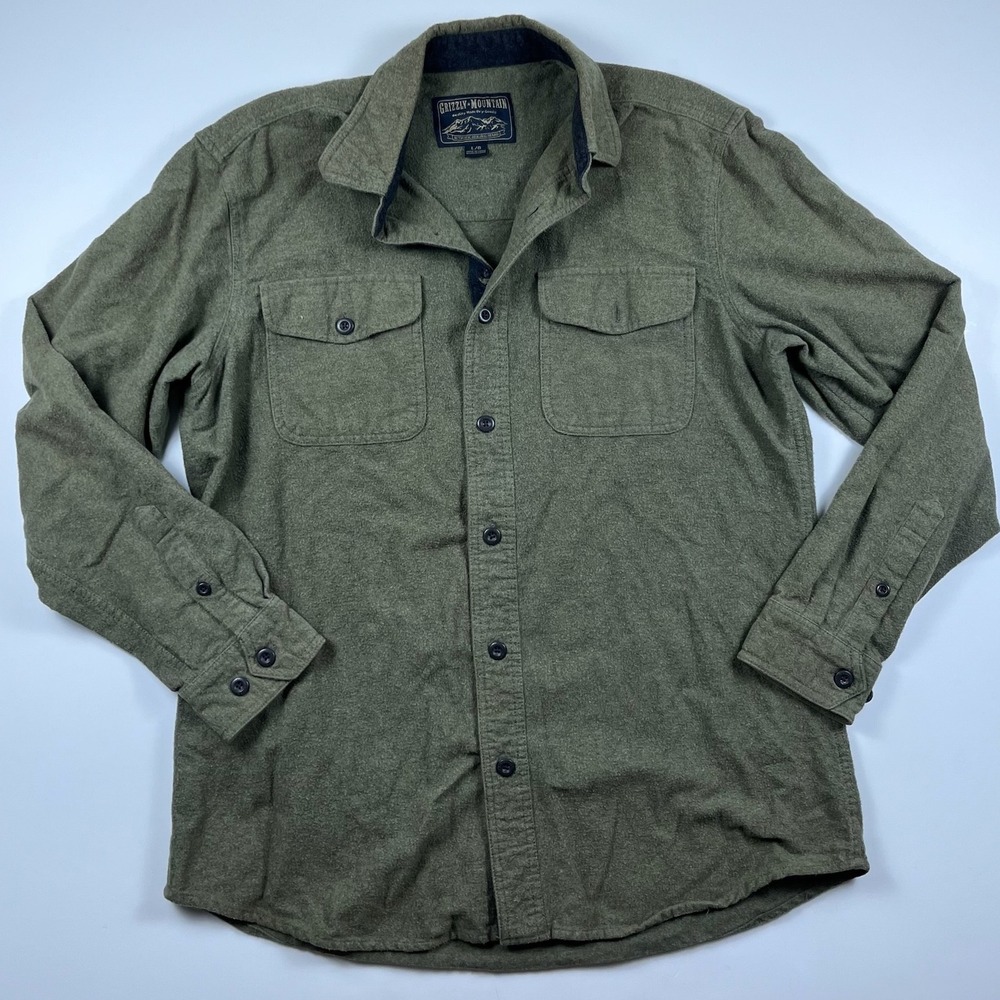 Grizzly Mountain Mens Olive Green Flannel Button Down Shirt Size Large L/G